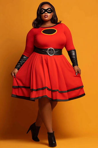 Plus-size superhero Halloween costume idea for women featuring a red superhero dress, black eye mask, and confident curvy woman style, perfect for plus-size Halloween costumes.