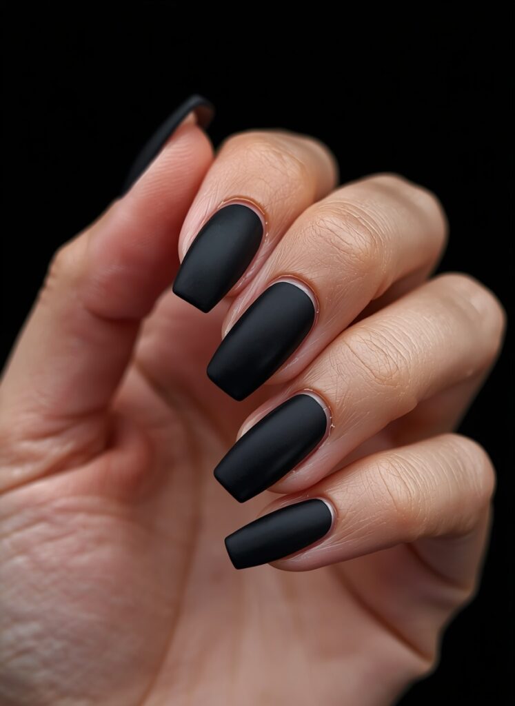 Matte black coffin shaped nails with a simple elegant dark manicure design on a hand