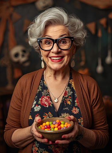 Cute grandma Halloween costume for women over 50 with glasses, floral outfit and candy bowl accessory