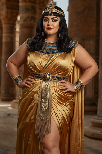 Plus-size woman wearing a glamorous gold Egyptian queen costume with an ornate blue and gold collar and headpiece, standing confidently among ancient pillars