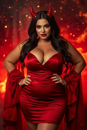 Plus-size woman wearing a red satin mini dress, red draped sleeves, and shiny red devil horns, posing confidently against a fiery red background