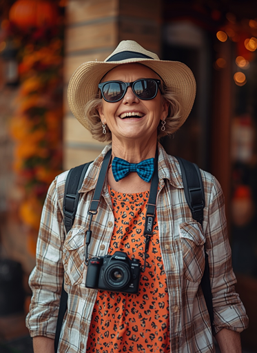 id="c8m4xv"
Traveler Halloween costume for women over 50 with hat, camera and explorer inspired outfit