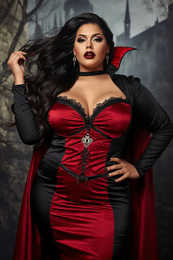 Plus-size vampire Halloween costume idea for women featuring a red and black gothic vampire dress, cape, dark makeup, and confident curvy woman style, perfect for scary plus-size Halloween costumes.