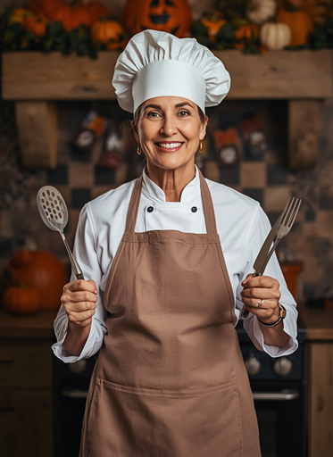 Chef Halloween costume for women over 50 with white chef hat, apron and cooking themed outfit