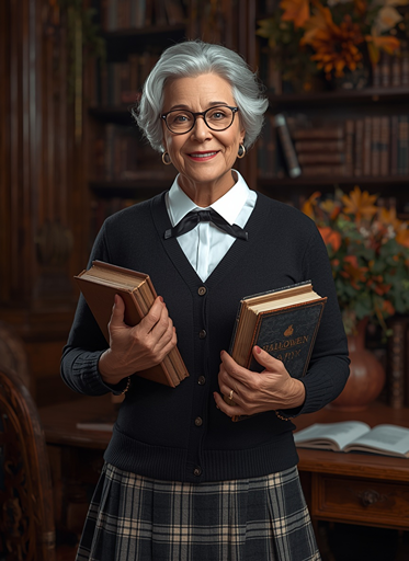 id="1a7xqp"
Professor Halloween costume for women over 50 with glasses, books and classic academic style outfit