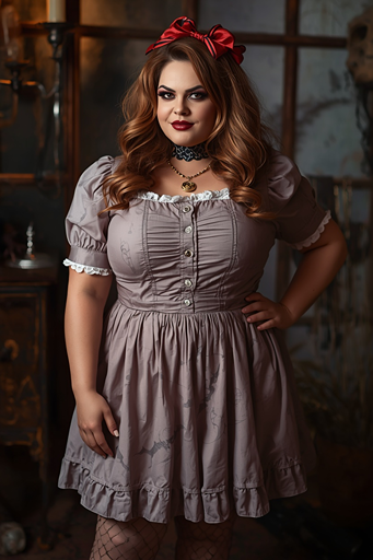 Plus-size woman wearing a spooky-cute grey babydoll dress with subtle bat prints, a red hair bow, and dark makeup in a gothic room setting