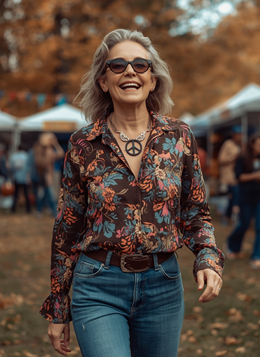 Bohemian hippie Halloween costume for women over 50 with floral shirt, sunglasses and retro peace style