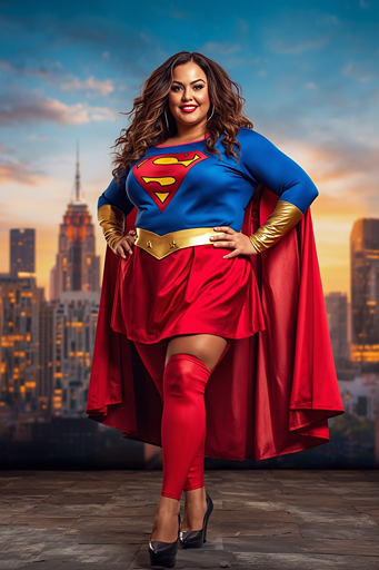 Beautiful plus-size woman wearing a superhero Halloween costume with a blue and red outfit, red cape, gold belt, and confident pose against a city skyline background.