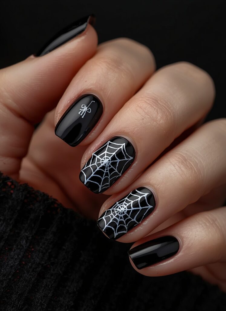 Black Halloween nails with white spider web nail art and glossy gothic manicure design