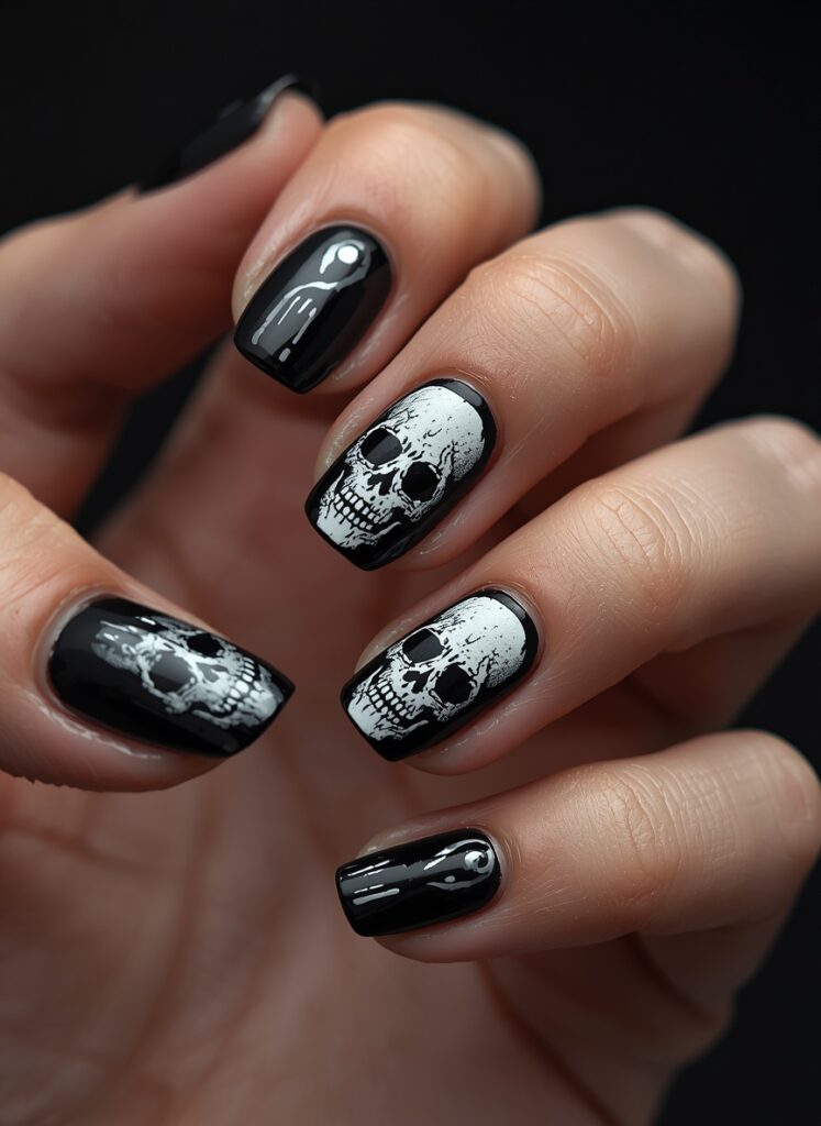 Black Halloween nails with white skull nail art and glossy gothic skeleton manicure design