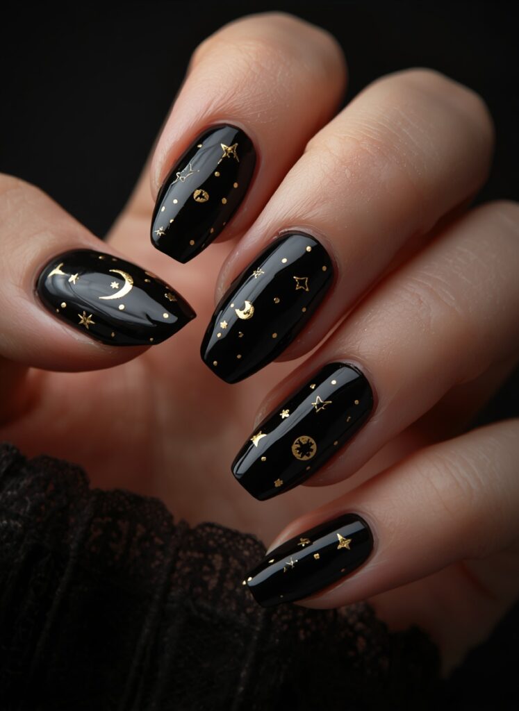 Black Halloween nails with gold moon and stars celestial nail art on glossy dark manicure