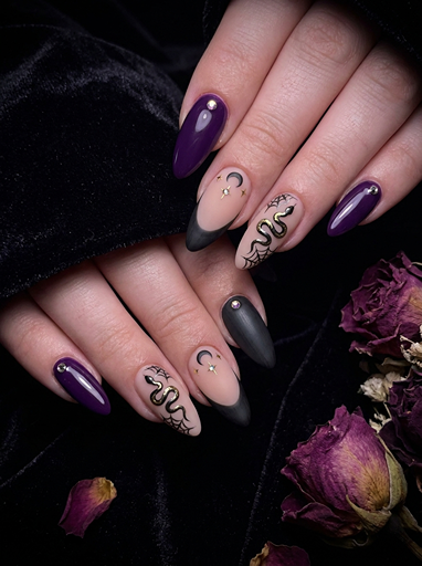 Gothic Halloween nails with black snake designs, purple polish, crescent moons, stars, and matte black almond nail art