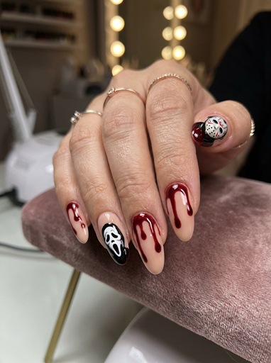 Horror Halloween nail art with red blood drip designs, black and white ghost face details on almond shaped nails