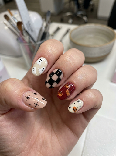 Cute autumn Halloween nails with white ghosts, pumpkin designs, black checker patterns, stars, and simple spooky nail art on short almond nails