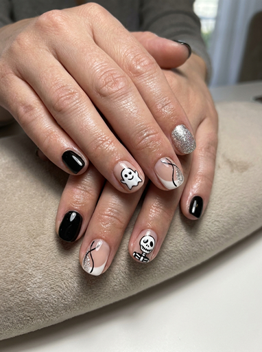 Simple Halloween nail art with black and white ghost designs, skeleton details, silver glitter accents, and minimalist spooky manicure