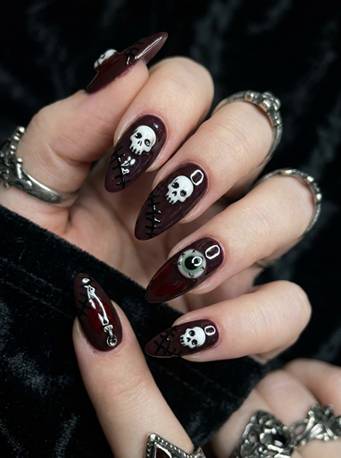 Gothic Halloween nails with skull faces, eyeball designs, spider web details, and dark burgundy almond shaped nail art
