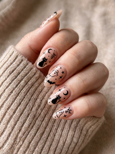 Witchy Halloween nails with black cat silhouettes, crescent moon, stars, bats, and magical symbols on nude almond shaped nails