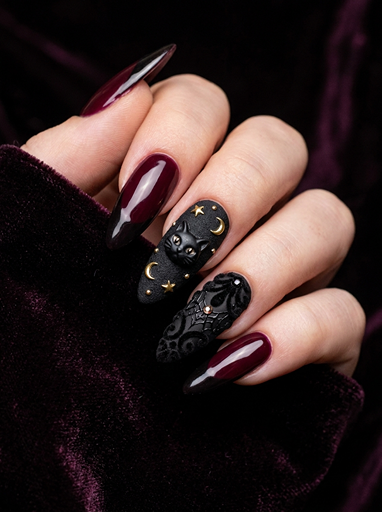 Luxury gothic Halloween nails with black cat design, crescent moon, gold stars, textured black nail art, and burgundy stiletto nails