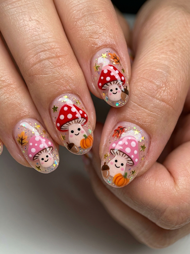 Cute mushroom Halloween nails with pink and red mushroom characters, pumpkins, autumn leaves, glitter, and fairy inspired nail art designs