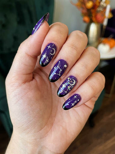 Purple Halloween nails with crescent moon, stars, constellation designs, and glitter galaxy nail art on almond shaped nails
