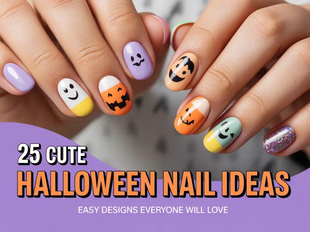 Close up of hands showing cute pastel Halloween nail art featuring ghost, pumpkin, and candy corn faces, with text overlay reading 25 Cute Halloween Nail Ideas, Easy Designs Everyone Will Love.
