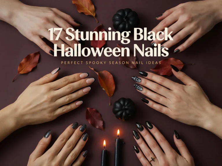 Black Halloween nails inspiration with multiple spooky nail art designs, pumpkins, candles and autumn leaves
