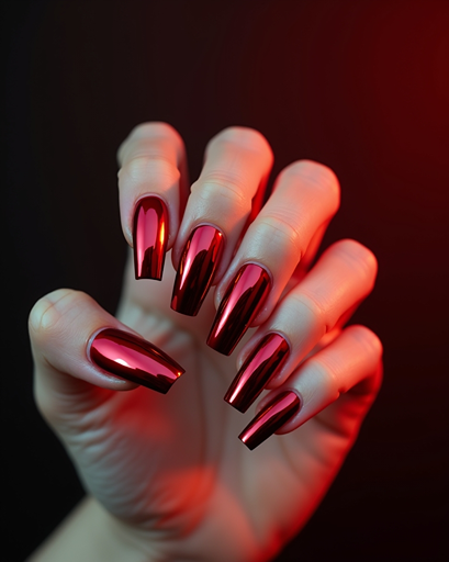 Metallic red Halloween nails with chrome finish and dramatic vampire inspired coffin nail design