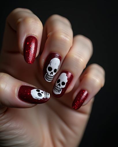 Red glitter Halloween nails with white skull nail art and spooky gothic manicure design