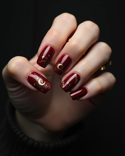 Burgundy Halloween nails with gold moon and glitter celestial nail art design