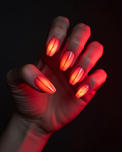 Glowing red Halloween nails with neon flame effect and dramatic spooky manicure design
