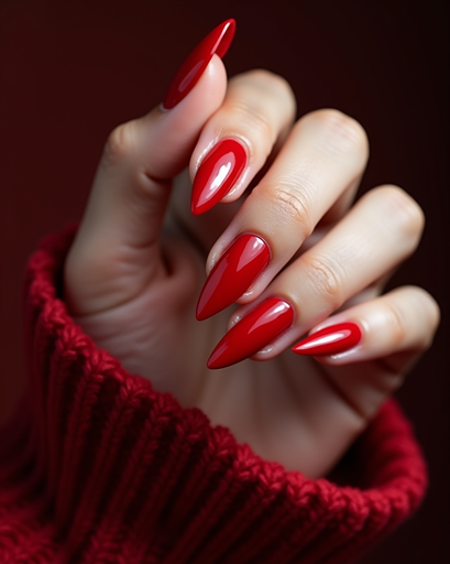 Glossy red stiletto nails with elegant vampire inspired manicure design for Halloween