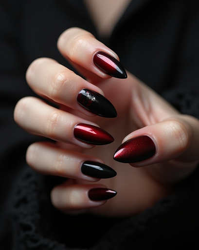 Red and black Halloween nails with glossy vampire inspired ombre stiletto nail art design