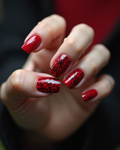 Red Halloween nails with black spider web designs and glossy spooky nail art manicure