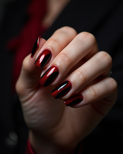 Red and black Halloween nails with glossy ombre stiletto design and vampire inspired manicure