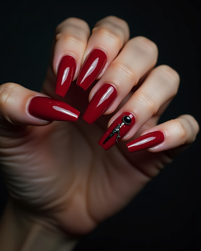 Red Halloween nails with glossy stiletto shape and gothic vampire themed nail art accent